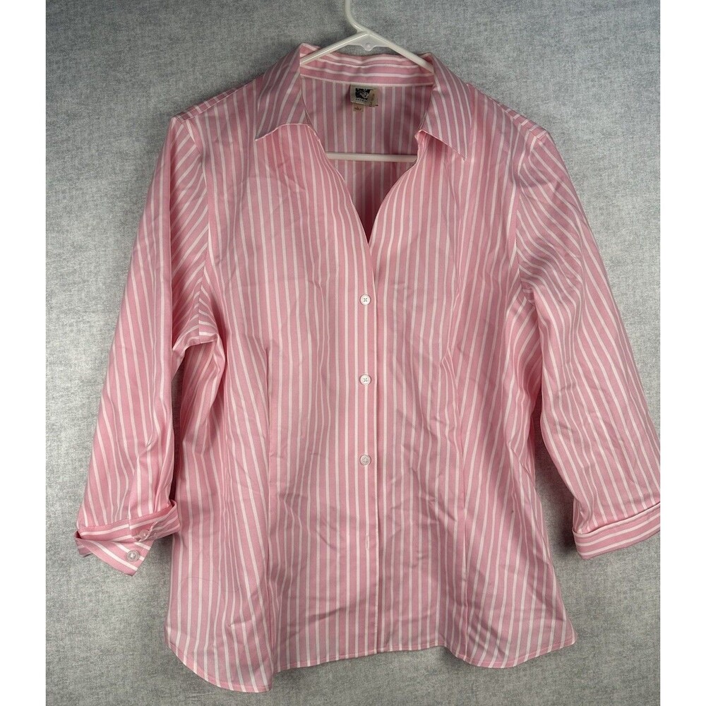 Anne Klein Women Large Button Up 3/4 Sleeve Collared Pink White Striped Blouse